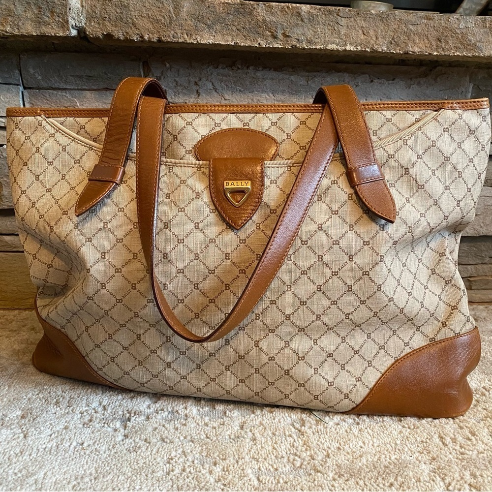 Bally Vintage RARE Monogrammed B Medium Tote Bag Purse Handbag Brown Tan Leather